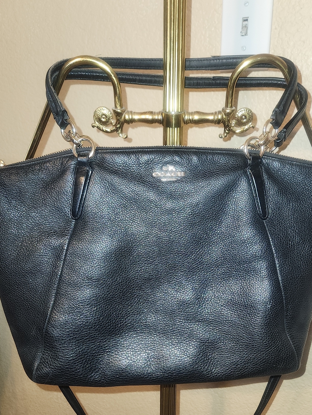 Coach Kelsey Black Pebbled Leather Tote with Gold Accents